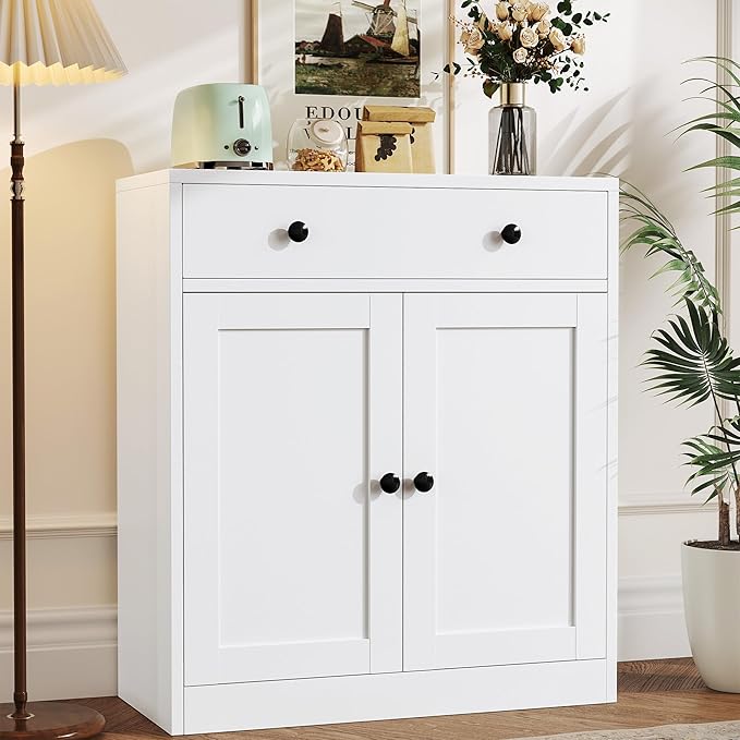 TaskStorz Metal Storage Cabinet with 2 Doors and 1 Drawer，Farmhouse Buffet Cabinet with Storage，32.3" H Coffee Bar Cabinet with Storage for Kitchen, Dining Room, Hallway, White
