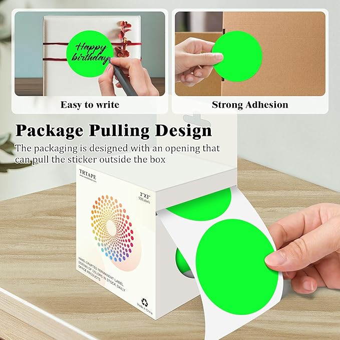 3 Inch Round Colored Dot Stickers, 2000 PCS, 4 Rolls in Dispenser Box - Fluorescent Green Circle Color Coding Labels Dot Labels for Office, Home, Inventory Organizing