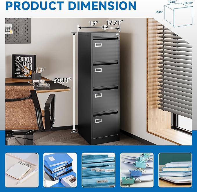 BYNSOE 4 Drawer File Cabinet with Lock Metal Vertical File Cabinet Office Home Vertical File Cabinet for A4 Legal/Letter Size Narrow File Cabinet Locked,Assembly Required (Black, 4 Drawers- Vertical)