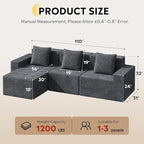 WLIVE 110'' Boneless Couch for Living Room, Modular Sectional Sofa, Cloud Memory Foam Couch L Shape with Chaise, Grey