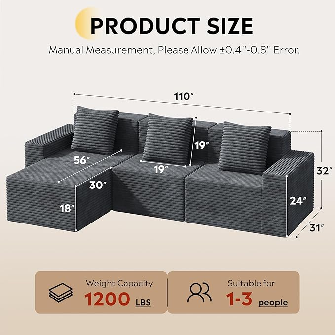 WLIVE 110'' Boneless Couch for Living Room, Modular Sectional Sofa, Cloud Memory Foam Couch L Shape with Chaise, Grey