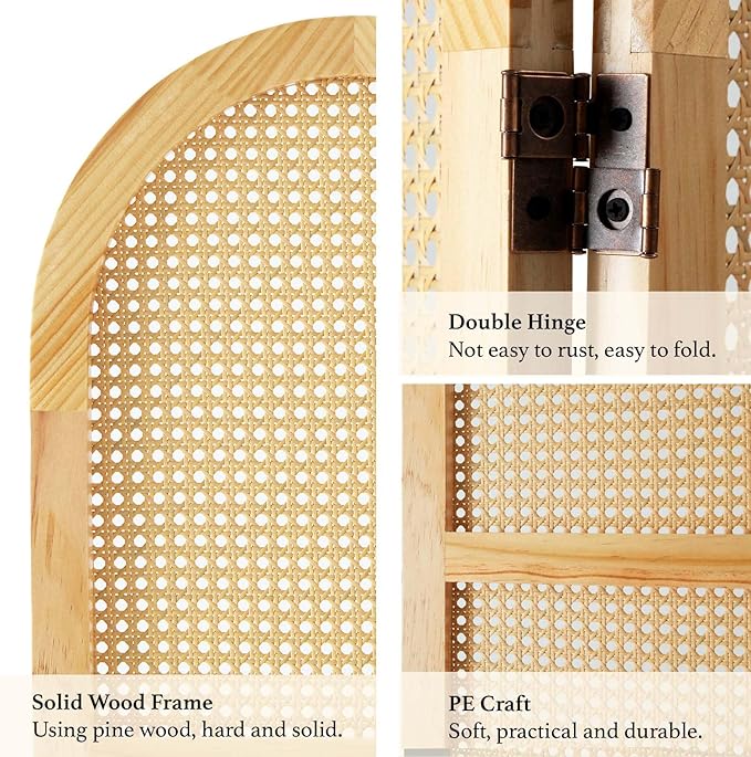 Svimi Room Dividers and Folding Privacy Screens, Pine Wood 5.6 Ft Double Hinged Rattan Partition Freestanding Wall Room Divider for Home - 3 Panels (Natural)