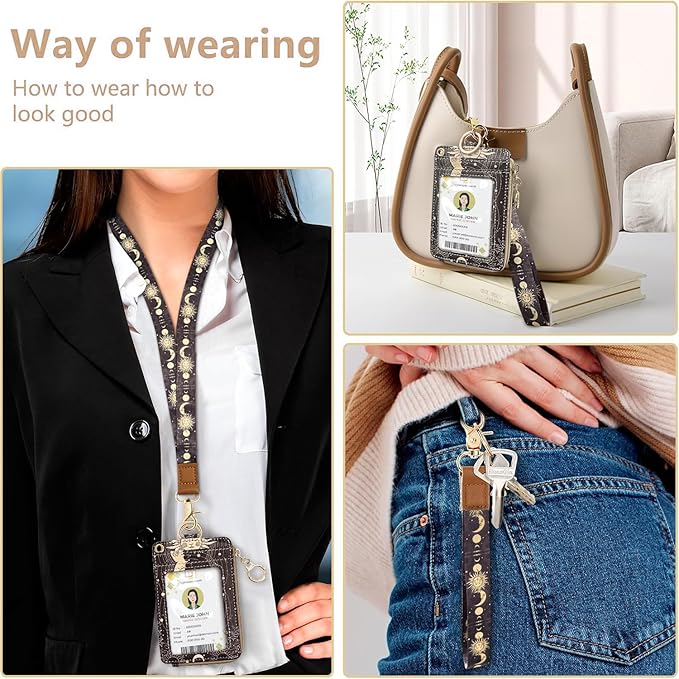 bolimoss Sun and Moon Lanyard Wallet, Boho Lanyard with Wallet,ID Badge Holder with Neck & Wristlet Lanyard, Pu Leather Zip Id Case Wallet with Breakaway Lanyard, Keychain Wallet for Women