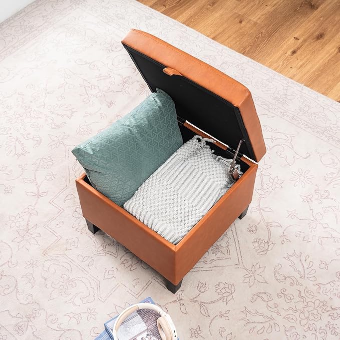 Asense 17 Inch Storage Ottoman Foot Rest,Square Faux Leather Foot Stool,Small Ottoman with Storage,Padded Seat for Entryway,Living Room,Bedroom,Couch,Under Desk,Cognac Brown