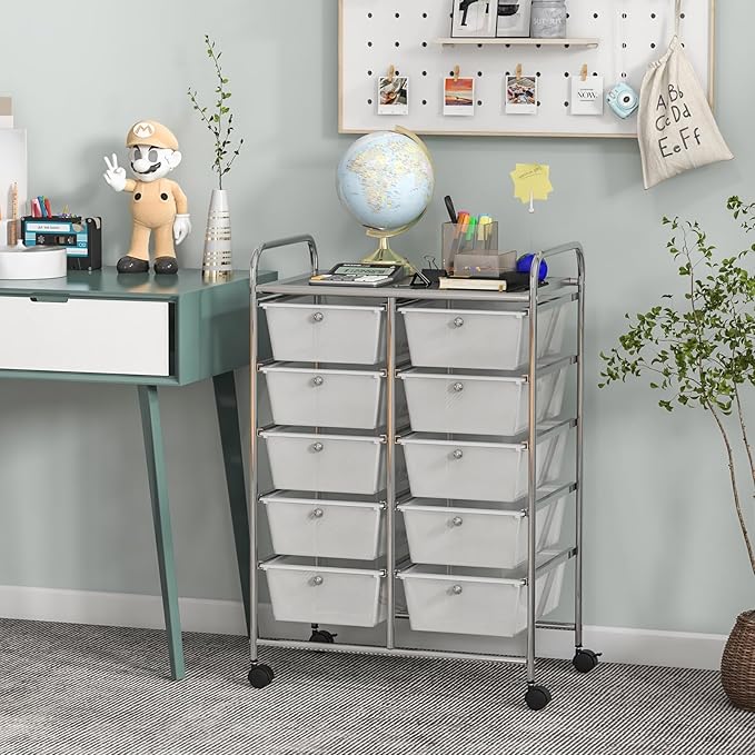 GLACER 10 Drawer Rolling Cart, Storage Cart with Lockable Whieels & Metal Frame, Trolley for Art Craft Oganizer, Mobile Utility Cart for Office, School, Classroom, Kitchen (Clear White)