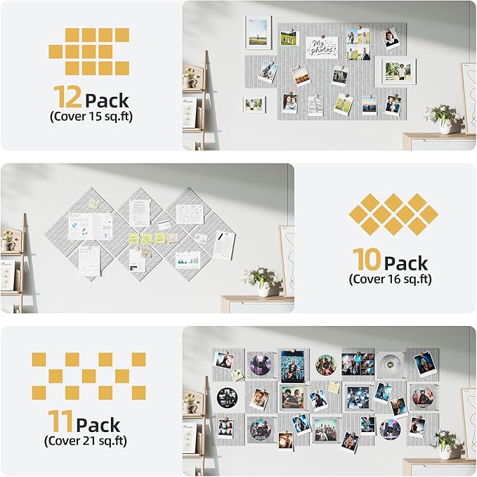Large Cork Board for Wall 36" x 48" Gray Bulletin Board with Safe Removable Adhesive Squares for Pictures Photos, Alternative CorkBoard Felt Pin Boards Tiles for Office Classroom Wall Decor - 12 Pack