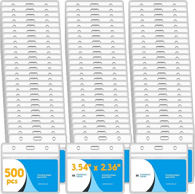 Marspark 500 Pieces Clear Plastic Horizontal Name Badge ID Card Holders with Waterproof Type Resealable Zip, 3.54 x 2.36 in, Transparent PVC Sleeve for Office Back to School Supplies