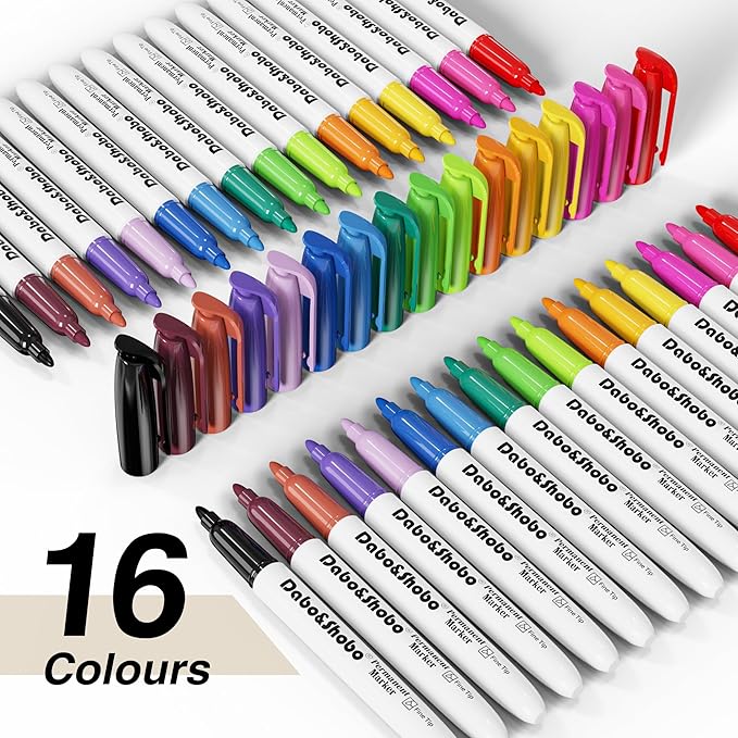 Dabo&Shobo 80 Pack Permanent Markers Assorted Colors, Fine Point, 16 Colors, Works on Plastic, Wood, Stone, Metal and Glass for Doodling, Coloring