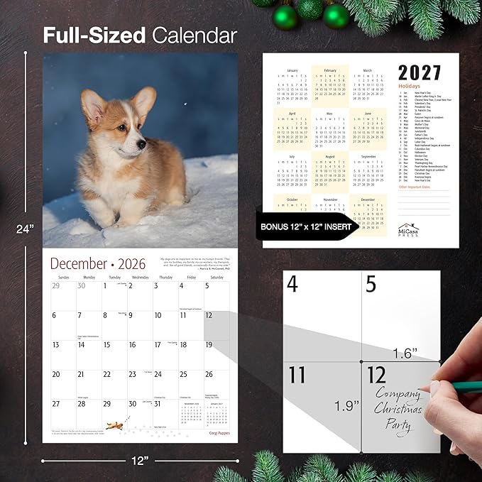 MICASA PRESS Corgi Puppies 2026 Wall Calendar 12 Month | 12" x 24" Open | Thick & Sturdy Paper | Holiday Gift | Cute Puppy Dog Calendar 2026