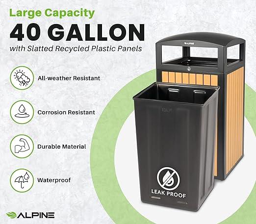 Alpine 40 Gallon Commercial Outdoor Trash Can with Lid - Modern Heavy Duty Large Outdoor Garbage Can with Durable Plastic Bin, Slatted Recycled Plastic Panels for Parks, Trails & Resorts (CD)