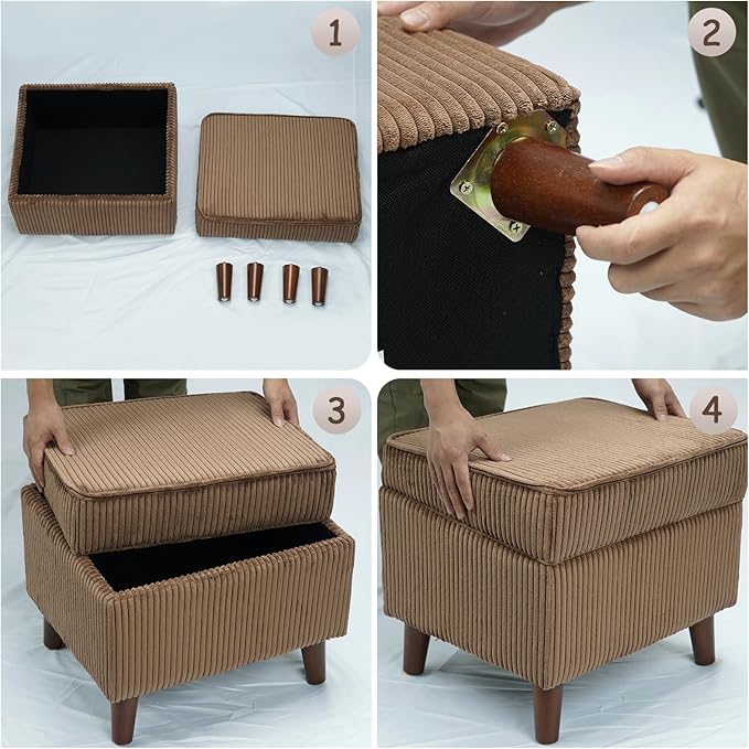 FAGAGA Storage Ottoman with Adjustable Lid, Soft Step Stool, Footrest and Seat, Ottoman Foot Rest for Living Room, Bedroom, Dorm, Brown