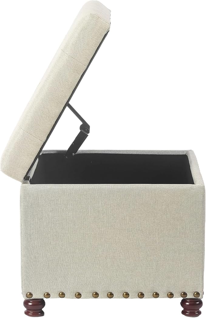 Decent Home 24" Storage Ottoman, Fabric Ottoman Foot Rest Stool with Hinged Lid, Tufted Rectangle Upholstered Footstool, Load up to 350 lb, for Living Room, Bedroom, Dorm, Beige, Bronze Rivets