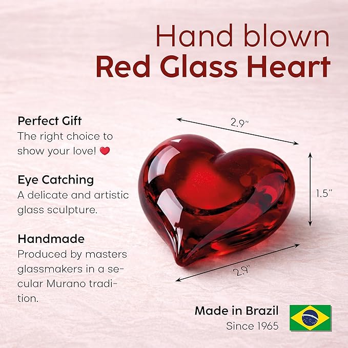 Ca D Oro Small Red Heart Glass Paperweight Hand Blown Murano-Style Art Glass