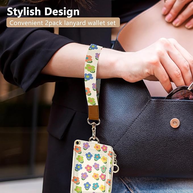 bolimoss 2-in-1 ID Badge Holder & Lanyard Wallet, Cute Floral Lanyard with Wallet, ID Badge Holder with Neck & Wristlet Lanyard, Pu Leather Zip Id Case Wallet with Breakaway Lanyard, Keychain Wallet