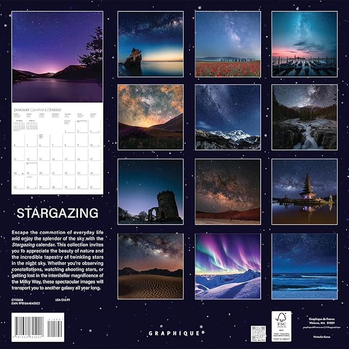Graphique 2026 Stargazing Wall Calendar | 12” x 12” | Thick Paper | Home & Office Organizer | Large Monthly Grid | 3 Languages & Marked Holidays | 4 Month Preview Page for 2027