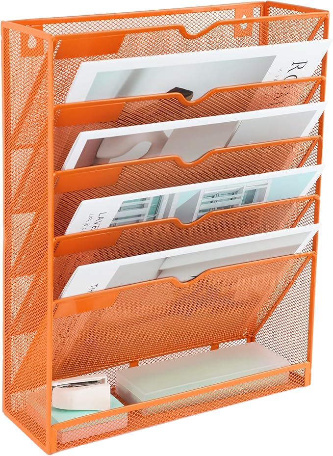 EASEPRES 6 Tier Mesh Hanging Wall File Organizer, Desk Vertical Mail Paper Document Folder Holder Rack with Bottom Tray and Nametag Label for Office Home School, Orange