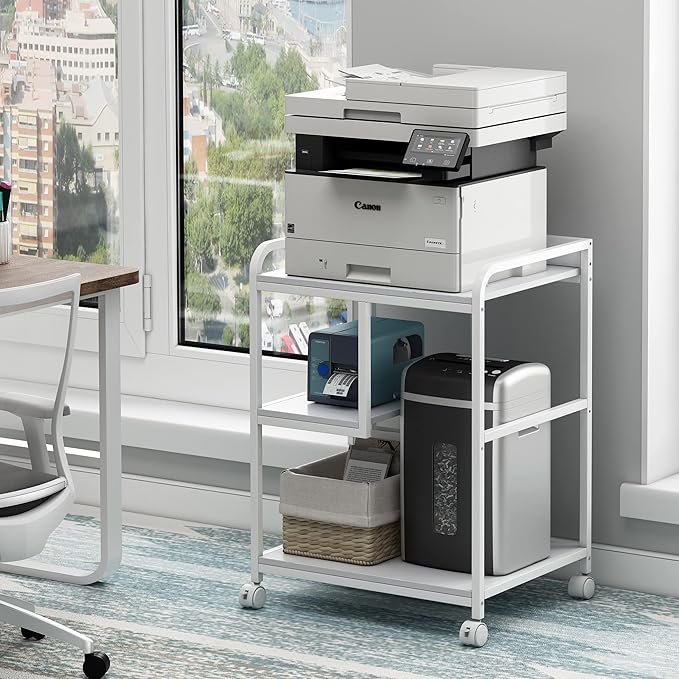Fannova Large Printer Stand Table with Storage Shelf for Host Computer, PC Tower, CPU and Shredder, 3 Tier Rolling Printer Cart with Wheels for Home Office Storage and Organization - White
