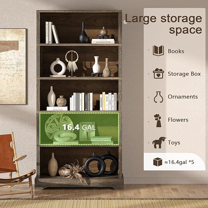 TVU 5-Tier Solid Wood Book Shelf, Floor Standing Bookcase, 65" H × 31.5" W × 11.8" D Bookshelf, Farmhouse Style Book Case with Arched Base, Suitable for Living Room, Study, Office, Rustic Brown
