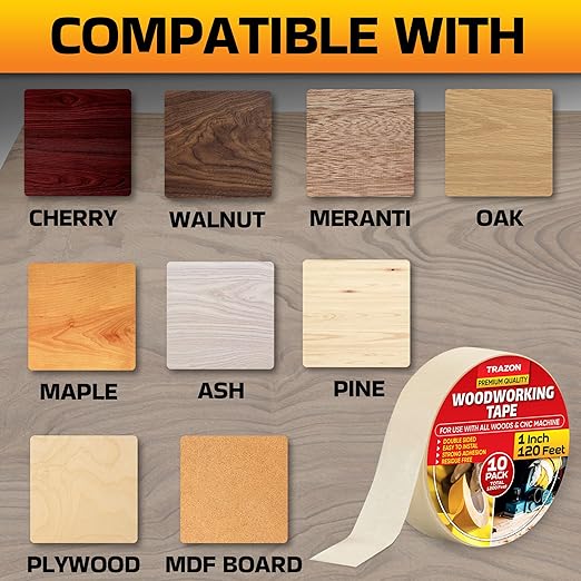 Trazon Double Sided Woodworking Tape Super Strong, 10 Pack, 1 Inch x 120 Feet, Wood Crafter Sticky Tool, Two Side Adhesive for Router Templates and CNC Machine, Removable & Residue Free