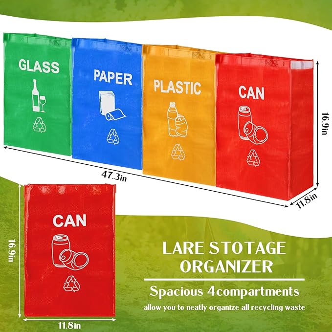 Clysee 4 Pcs Recycling Bin Bags Separate Recycle Bin Waterproof Waste Baskets Recyclable Waste Trash Sorting Organizer for Home Office Kitchen, Battery, Can, Paper, Plastic and Glass