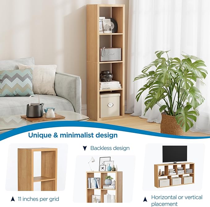 4 Cube Storage Organizer Single Row, Cube Shelf with Heavy-Duty Thick Boards, 13.31"L x 9.37"W x 48.82"H, Smooth Easy-Clean Panels, Simple Assembly, for Living Room Bedroom Office, Natural-Oak