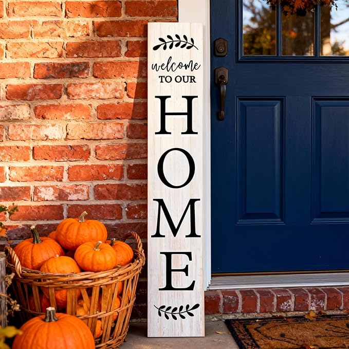 Welcome Sign for Front Porch, 47" Large Wooden Welcome to Our Home Sign Door Hanging Standing Plaque, Farmhouse Vertical Outdoor Porch Decorations for Yard Patio Entrance (White)