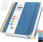 Bullet Dotted Journal Spiral Notebook, 300 Pages Leather Notebooks with Contens, 120 GSM Thick No Bleed Through Paper Journals, A5 Dot Grid Notebook for Women Men Work Writing, 5.5" x 8", Dark Blue
