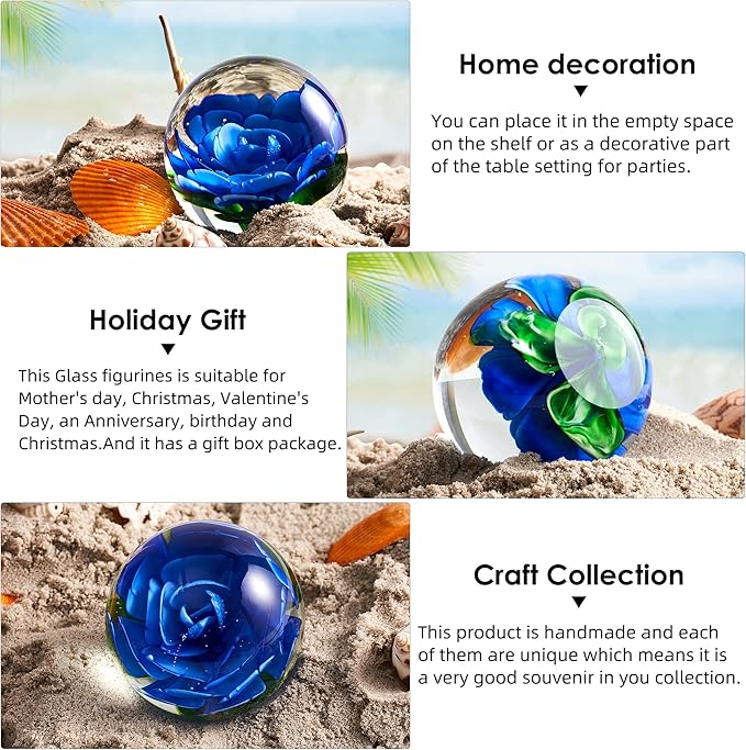 EUSTUMA Hand Blown Glass Flower Paperweight Figurine for Office Desk.Give You A Gift from The Person You Love, The Garden Decoration.(Blue Flowers)