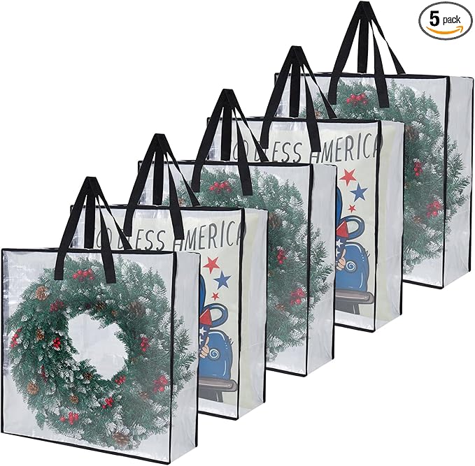 PWRSC 5-Pack Clear Heavy Duty Moving Bags and Storage Bags, 25 Gallon Large Moving Boxes Alternative for Wreath Storage Container, Under Bed Storage, Stadium Events, and College Moving Supplies