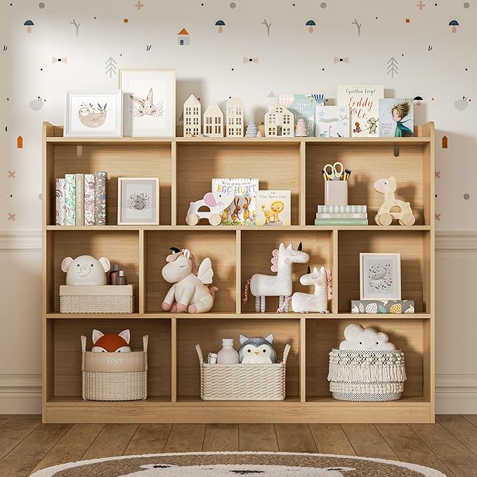 DIYART Oak Bookshelf, Wood Bookcase with 3 Tier Open Shelves, 10-Cube Minimalist Storage Shelf for Living Room, Bedroom, 43.3" W x 35.4" H