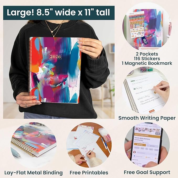 bloom daily planners 2026 Planner (January to December) - 8.5” x 11” Weekly & Monthly Dated Agenda Organizer Book with Stickers & Tabs - Flexible Soft Cover - Brilliant Brushstrokes