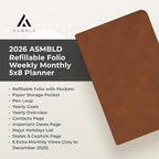 Blue Sky ASMBLD 2026 Weekly and Monthly Planner Calendar, January 2026 - December 2026, 5" x 8", Faux Leather Cover, Durable Twin Wire Binding, Storage Pocket, Laminated Tabs, Refillable, Pen Loop, Tan