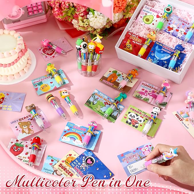Pajean 24 Sets Valentine's Day Gifts for Classroom Exchange Cute 4-in-1 Multicolor Ballpoint Pens with Cards Valentines Party Favors School Students Prizes Bag Fillers Sweet Stationery Supplies