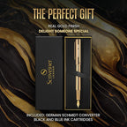 Scriveiner Personalized Gold Fountain Pen - Stunning Luxury Pen, Real Gold Plating, Schmidt Ink Refill, Best Engraved Fountain Pen Gift Set for Men & Women, Custom Name Engraving