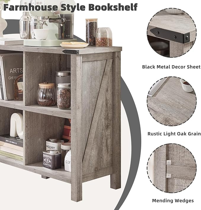 Joaxswe 8 Cube Book Shelf, Farmhouse Wood Long Storage Organizer Bookcase, 62" Horizontal Grey Oak Console Closet Bookshelf, Hallway TV Stand for Entryway, Display Cabinet Book Case for Living Room