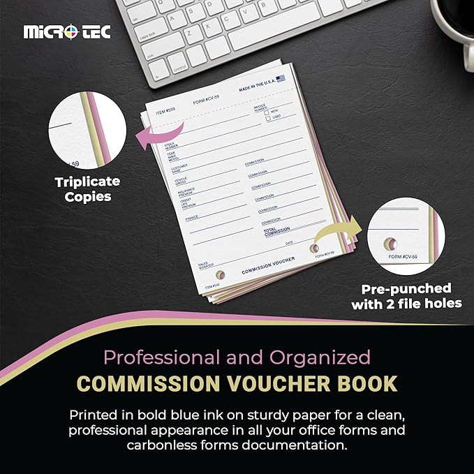 Commission Voucher Book CV-59-3 Part Carbonless Forms, Triplicate NCR Receipt Book, Snap-Out Pre-Punched with File Holes Commission Vouchers, Blue Ink, 4.25 x 5.625 Inch - Pack of 100