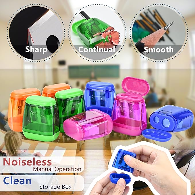 AUSTARK 24Pcs Pencil Sharpener Manual, Assorted Color Small Dual Hole Pencil Sharpeners Bulk with Lid for School Office Home (Geometry-24)