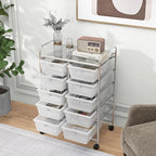 HAPPYGRILL 10-Drawer Rolling Storage Cart, Storage Organizer Cart with Lockable Wheels, Beauty Salon Movable Utility Cart for School, Office, Home, (Clear)