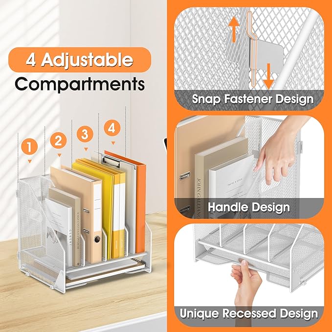 OrgMate Desk File Folder Holder Organizer-4 Vertical Compartments Racks and Paper Letter Tray,Mesh Magazine File Holder Sorter,Desktop Accessories & Workspace Organizers for Home,Office,School-White