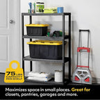 CX 4-Tier (52.1”H x 34.8”W x 14.6”D) Plastic Storage Shelving Unit (Black) 2-Pack, Medium Duty, 75lbs Per Shelf Capacity, Indoor Storage Organization in Home, Garage, Office with Easy Assembly
