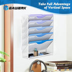 Gawerk 6 Tier Hanging File Organizer, Mesh Wall File Holder Paper Folder Rack with Bottom Flat Tray for Office Home, White