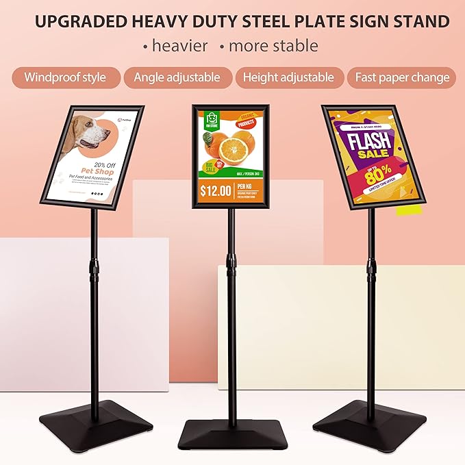 VAIIGO 3 Packs Heavy Duty Pedestal Poster Sign Stand, 8.5"x11" Adjustable Floor Standing Sign Holder with 6.6Lbs Solid Steel Base for Vertical and Horizontal View Sign Displayed Stands, Black