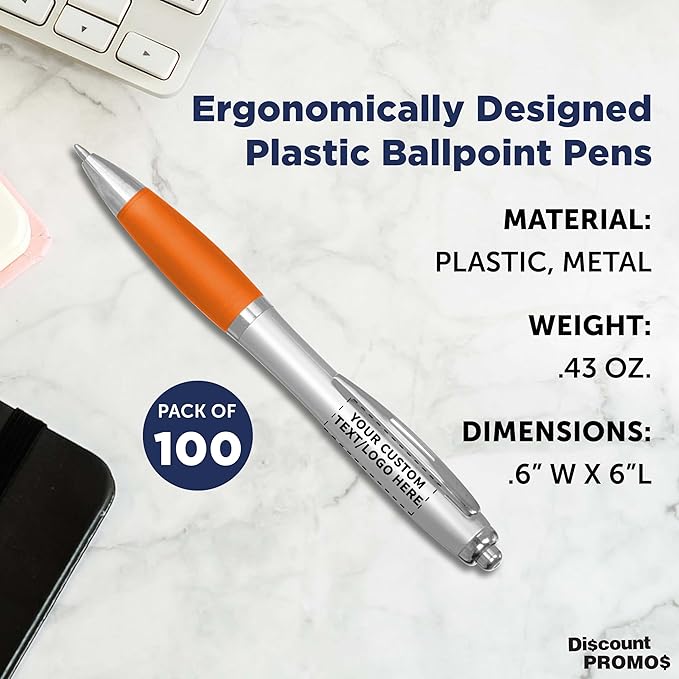 DISCOUNT PROMOS Personalized Ballpoint Pens With Rubber Grip, 100 pack Customizable Ergonomic Click-to-Write Custom Writing Pens for School with Black Ink, Orange