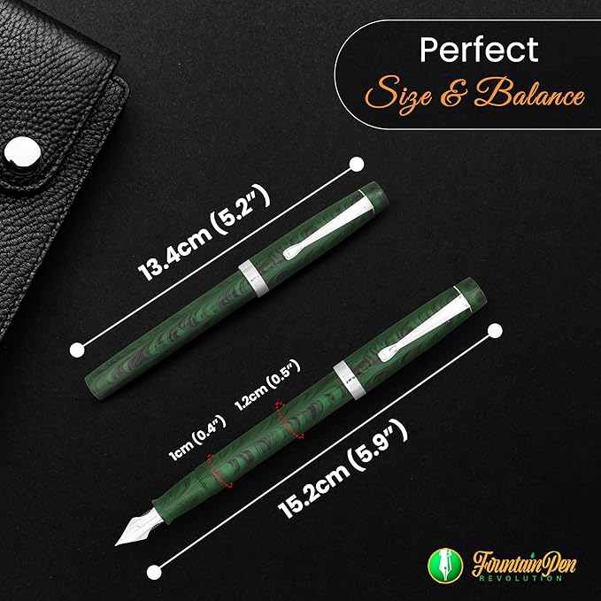 FPR Himalaya V2-Chrome Ultra Flex Nib Pen - Twist-Style Converter Filled Calligraphy Pens for Writing - Fancy Pens for Men & Women - Flex Fountain Pen w/Metal Clip & Cap Ring (Green Ebonite)