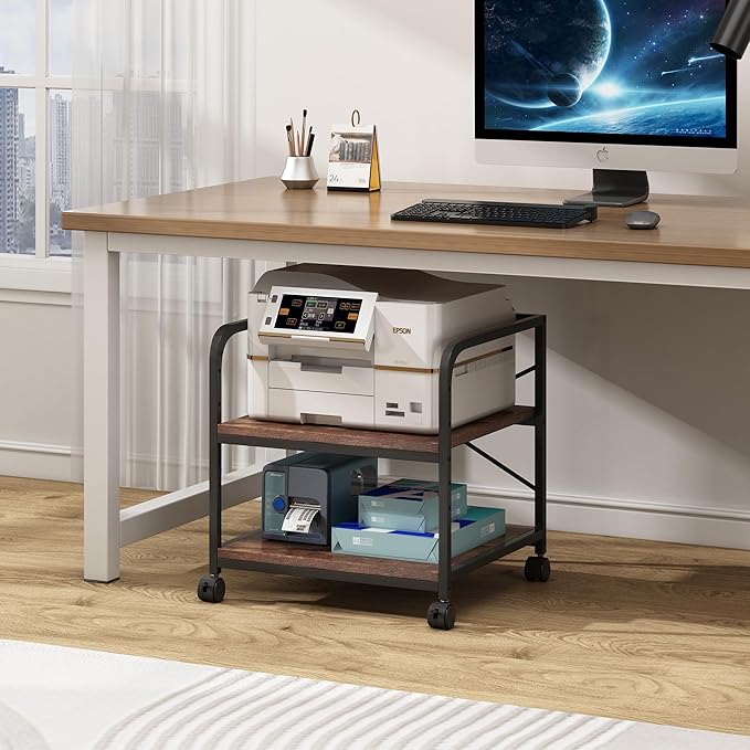 Fannova Under Desk Printer Stand, 20 Inches Deep Large Printer Table with Height Adjustable Storage Shelf, 2 Tier Rolling Printer Cart with Wheels for Home Office - Rustic Brown