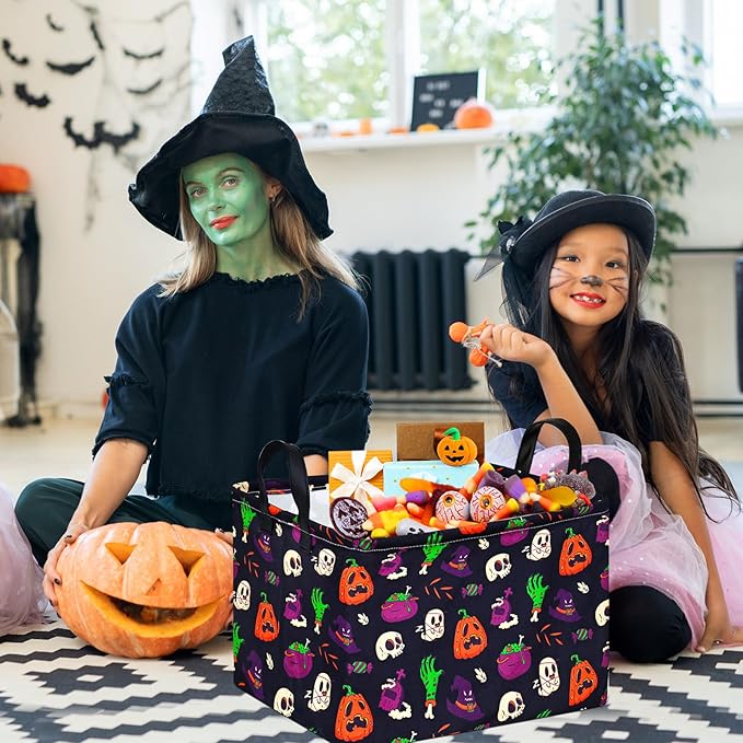 FUULOXE Halloween Ghost Storage Basket with Handles Pumpkin Open Gifts&Candy Spooky Basket stuffers for Kids Baby Collapsible Women Organizer Bins Toys Boxes for Shelves Home Office