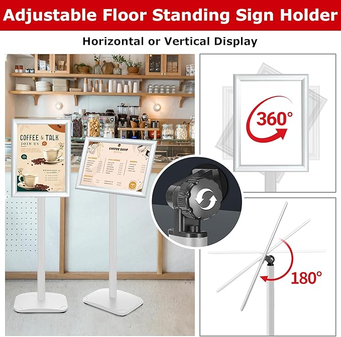 VAIIGO Heavy Duty Standing Sign Holder 11x17 Inch - Pedestal Floor Sign Stand with Weighted Base - Vertical & Horizontal View Poster/Menu Holder for Indoor/Outdoor Business Store Advertising, Silver