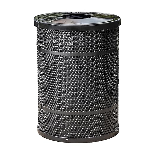Zedfire 55 Gallon Perforated Waste Bin with Flat Lid, Steel Outdoor Heavy-Duty Commercial Trash Can, Round Recycle Container, Durable Garbage Can for Parks, Municipalities, Parking, Schools