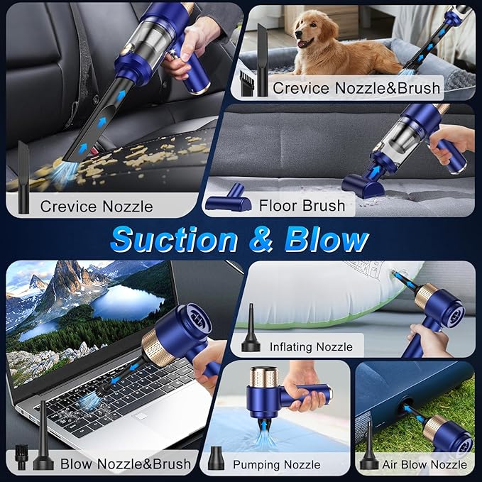 SHLNLI Mini Vacuum Cleaner, 15000PA Car Vacuum Cleaner Portable Cordless with LED Light, 4 in 1 Air Duster and Handheld Small Vacuum Rechargeable for Car, Home, Office, Pet（Blue）