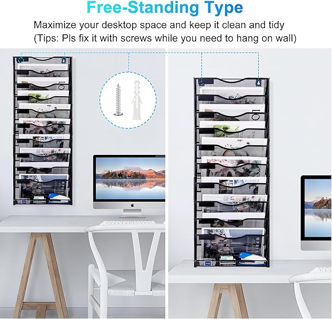 Solinxe 10-Tier Wall File Organizer, Mesh Mail Organizer Wall Mounted Paper Document Holder, Vertical Magazine Rack, Metal Hanging Clipboard Storage Basket for Office Home School Organization, Black
